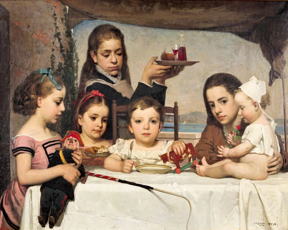 Charles Giron - Ritratto di fratelli al tavolo davanti allo sfondo del Lago di Ginevra